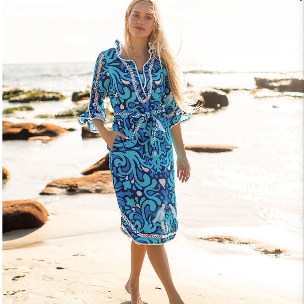 Lesley Evers Blue Paisley Cotton Midi Dress Eyelet Trim Pockets Large - Picture 2 of 14
